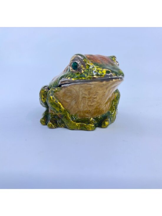 None Other - vintage enamel frog trinket box with hinged lid green & orange detailing